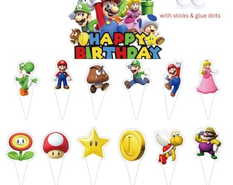 Super Mario cake toppers & 12pc Mario cupcake toppers - Kids Birthday cake decorations