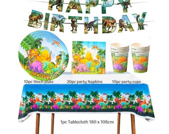 Dinosaur party decorations - Dinosaur birthday plates cups napkins banner card Tablecloth balloons supply