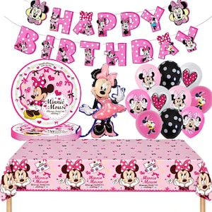 May include: A Minnie Mouse themed party supply set including a pink Happy Birthday banner, a stack of round paper plates with Minnie Mouse graphics, a large foil balloon, assorted pink and black balloons with heart and polka dot prints, and a tablecloth.