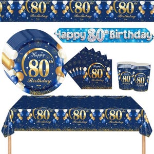 May include: A navy blue 80th birthday party supply set featuring gold and white balloons, fireworks, and confetti patterns. The collection includes a rectangular tablecloth, round paper plates, square napkins, paper cups, and a Happy 80th Birthday banner.
