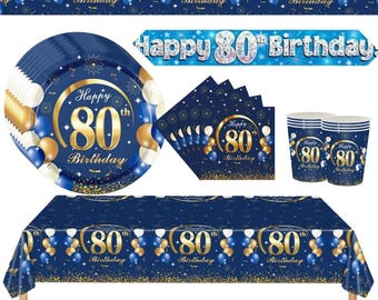 80th Birthday Decorations for Boys - Blue Gold 80th Birthday Plates Napkins Cups Tablecloth Balloons Banner supply