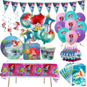 May include: A party supply set featuring The Little Mermaid theme, including a tablecloth, paper plates, cups, napkins, pennant banners, hanging swirls, and balloons in pink, purple, and teal, all decorated with Ariel and Flounder imagery.