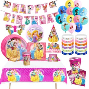 May include: A Disney Princess themed party supply set including a Happy Birthday banner, balloons, paper plates, cups, napkins, a cake topper, party hats, wristbands, a tablecloth, and gift bags, all featuring various princess characters.