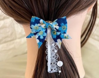 Lazo de kimono Nemophila con gancho de poni, puño para el cabello de tela japonesa Chirimen