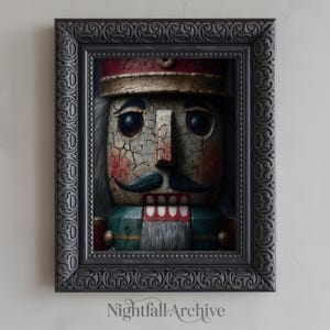 May include: A framed print of a vintage nutcracker soldier. The artwork shows a detailed close-up of the nutcracker's face, with a red and gold hat, blue mustache, and green jacket. The frame is dark grey with ornate detailing. The text "Nightfall Archive" is at the bottom.