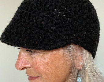 Black Newsboy Cap / Crochet Hat  / Free Shipping