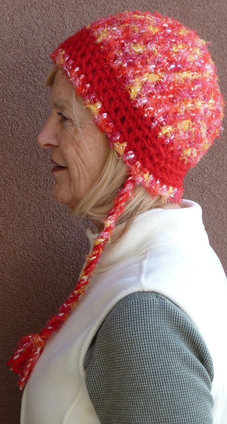 Red winter hat / crochet ponytail hat / winter hat / handmade crochet hat / unique and one of a kind hat / red winter hat with a tail image 6
