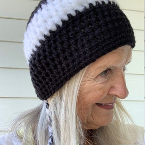 Original Crochet Hat for a Ponytail / Black and White Winter Hat with a Tail / One of a Kind Hat image 9