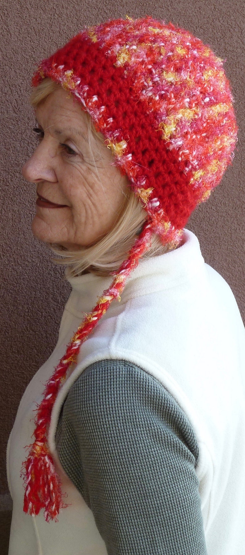 Red winter hat / crochet ponytail hat / winter hat / handmade crochet hat / unique and one of a kind hat / red winter hat with a tail image 8