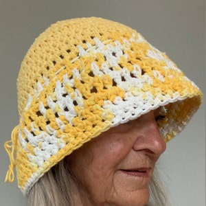 Summer Sun Hat / One of a Kind Crochet Hat / Yellow and White Hat image 9