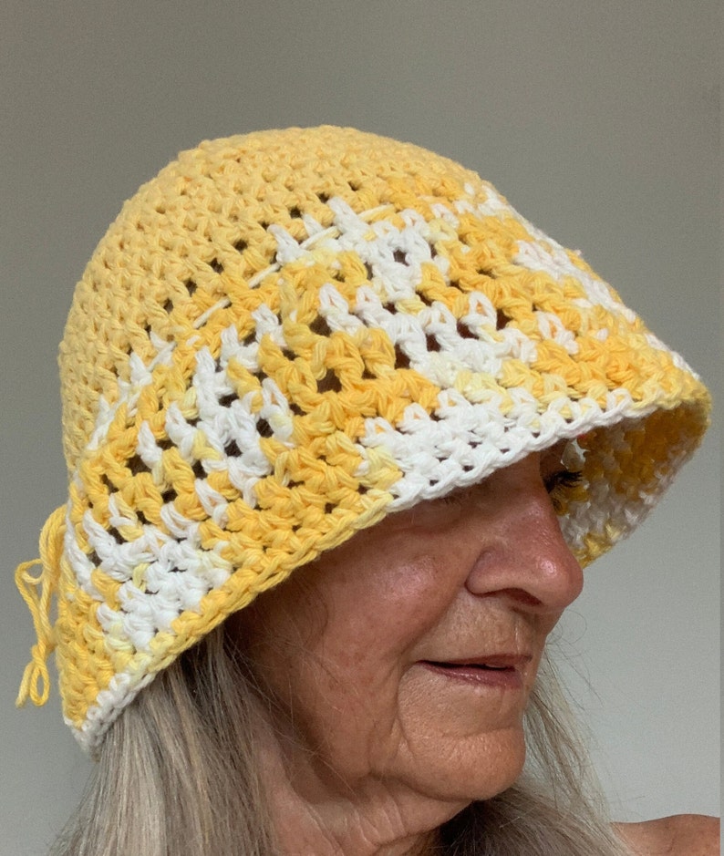 Summer Sun Hat / One of a Kind Crochet Hat / Yellow and White Hat image 9