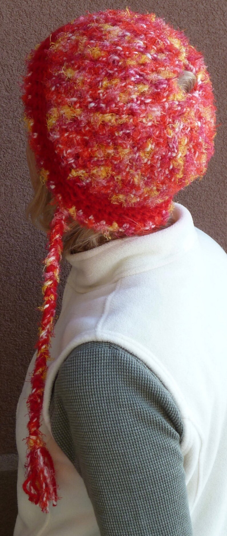 Red winter hat / crochet ponytail hat / winter hat / handmade crochet hat / unique and one of a kind hat / red winter hat with a tail image 2