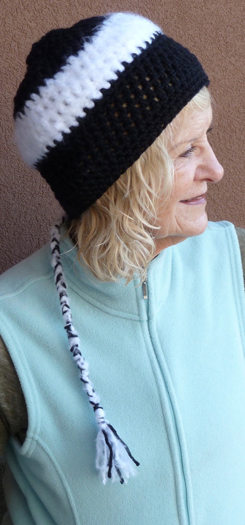 Original Crochet Hat for a Ponytail / Black and White Winter Hat with a Tail / One of a Kind Hat image 7