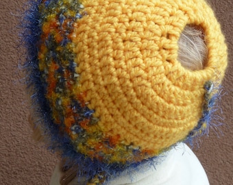 Yellow Winter Hat Made for a Ponytail / One of a Kind Crochet Hat