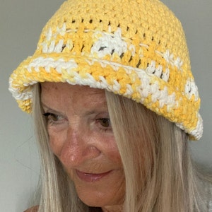 Summer Sun Hat / One of a Kind Crochet Hat / Yellow and White Hat image 3