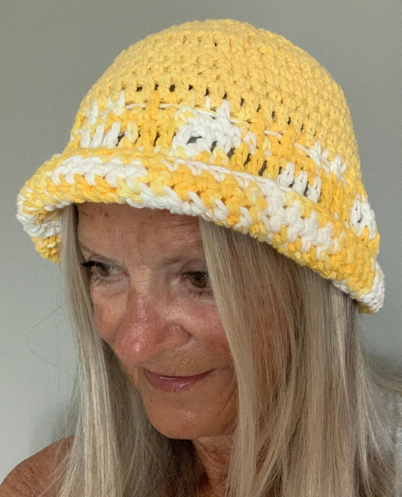 Summer Sun Hat / One of a Kind Crochet Hat / Yellow and White Hat image 3