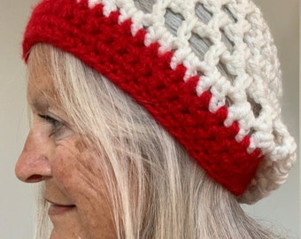 Red and White Crochet Hat / One of a Kind Hat / Unique Winter Hat