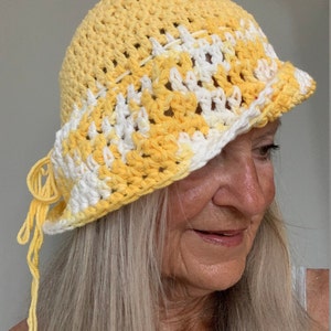 Summer Sun Hat / One of a Kind Crochet Hat / Yellow and White Hat image 1