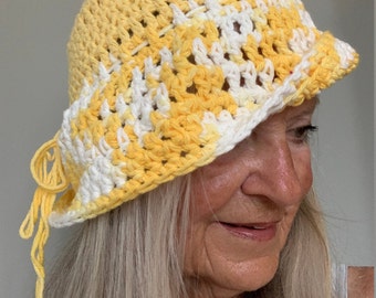 Summer Sun Hat / One of a Kind Crochet Hat / Yellow and White Hat