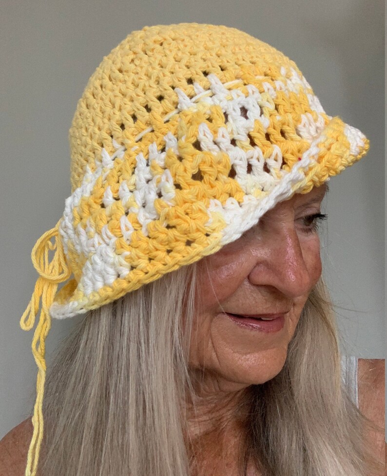 Summer Sun Hat / One of a Kind Crochet Hat / Yellow and White Hat image 1