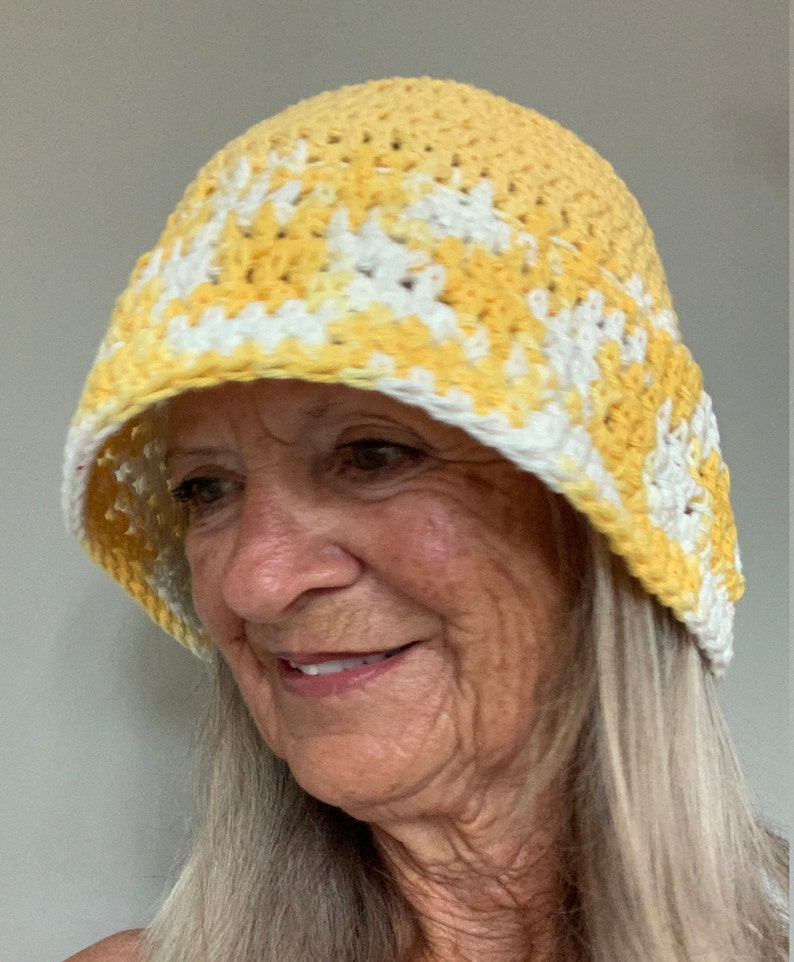Summer Sun Hat / One of a Kind Crochet Hat / Yellow and White Hat image 10