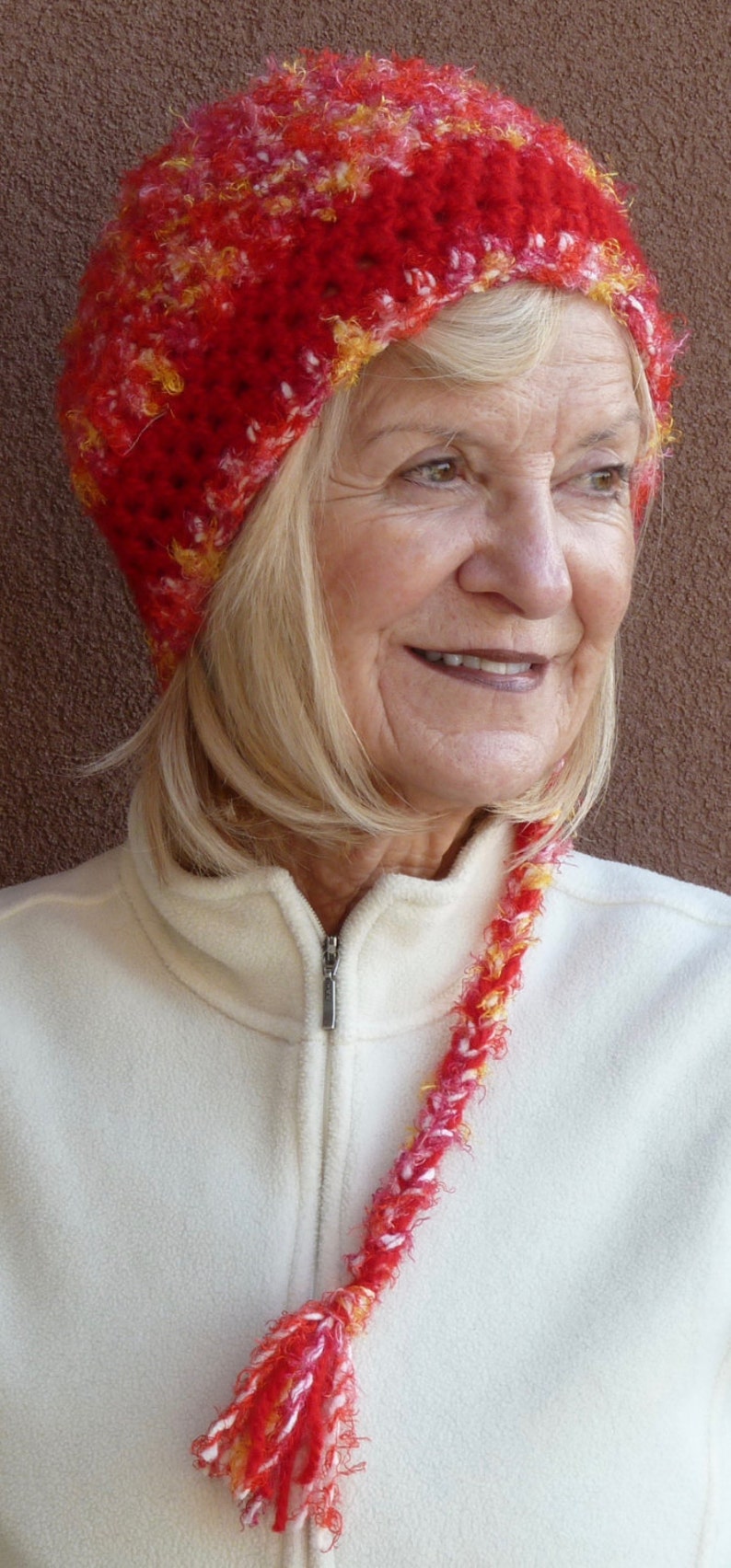 Red winter hat / crochet ponytail hat / winter hat / handmade crochet hat / unique and one of a kind hat / red winter hat with a tail image 1