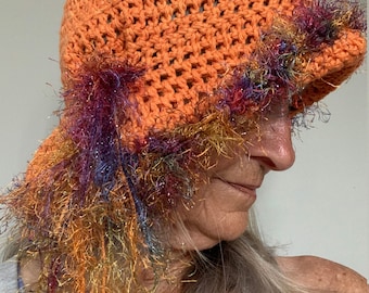 Orange Crochet Hat / Brimmed Sun Hat / Unique Summer Hat