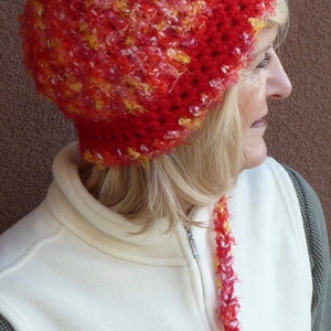 Red winter hat / crochet ponytail hat / winter hat / handmade crochet hat / unique and one of a kind hat / red winter hat with a tail image 3