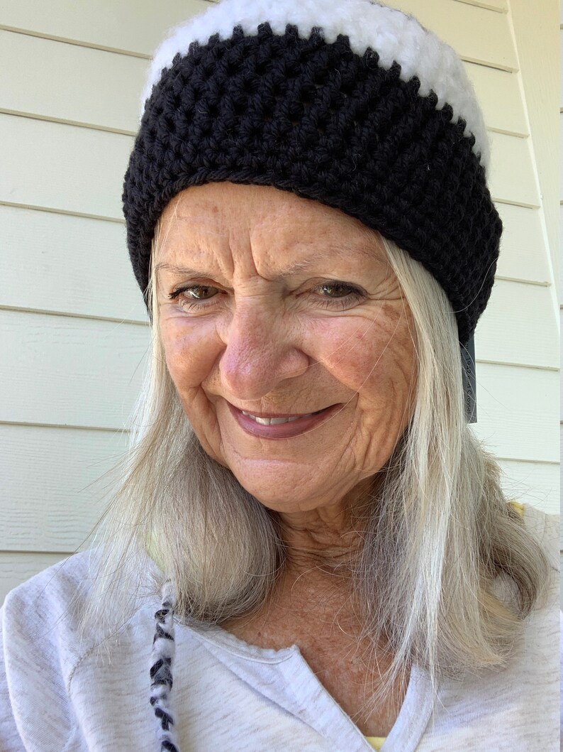Original Crochet Hat for a Ponytail / Black and White Winter Hat with a Tail / One of a Kind Hat image 8