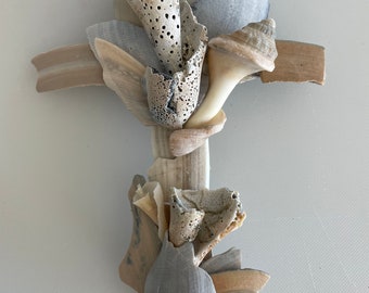 Christian Cross / Sculptured Cross / Seashell Cross / Christian Art / Christian Gift / Child's Cross / Blue Cross /Free Shipping