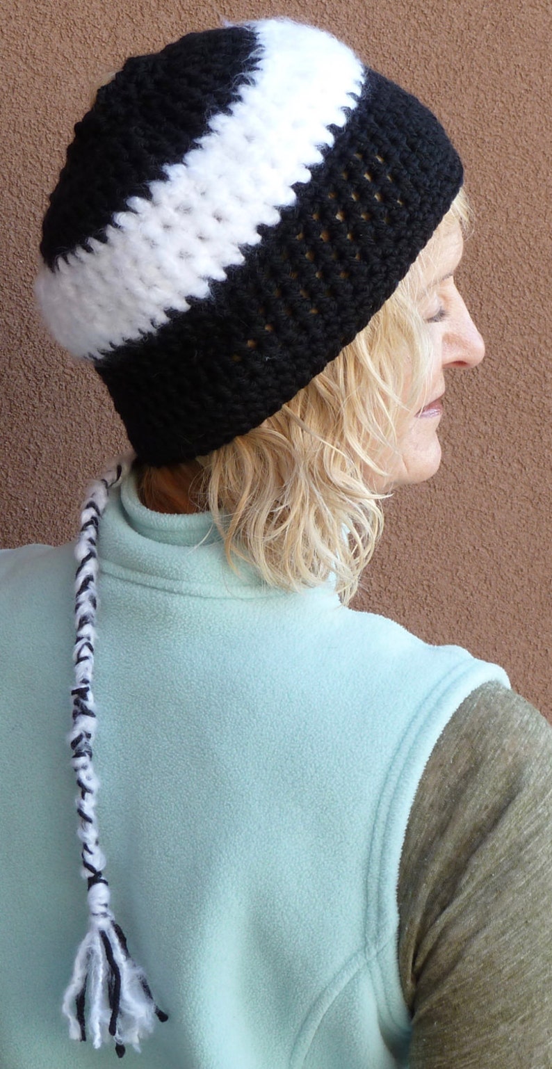 Original Crochet Hat for a Ponytail / Black and White Winter Hat with a Tail / One of a Kind Hat image 3