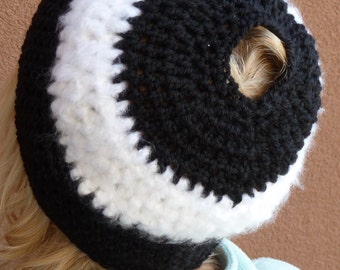 Original Crochet Hat for a Ponytail / Black and White Winter Hat with a Tail / One of a Kind Hat