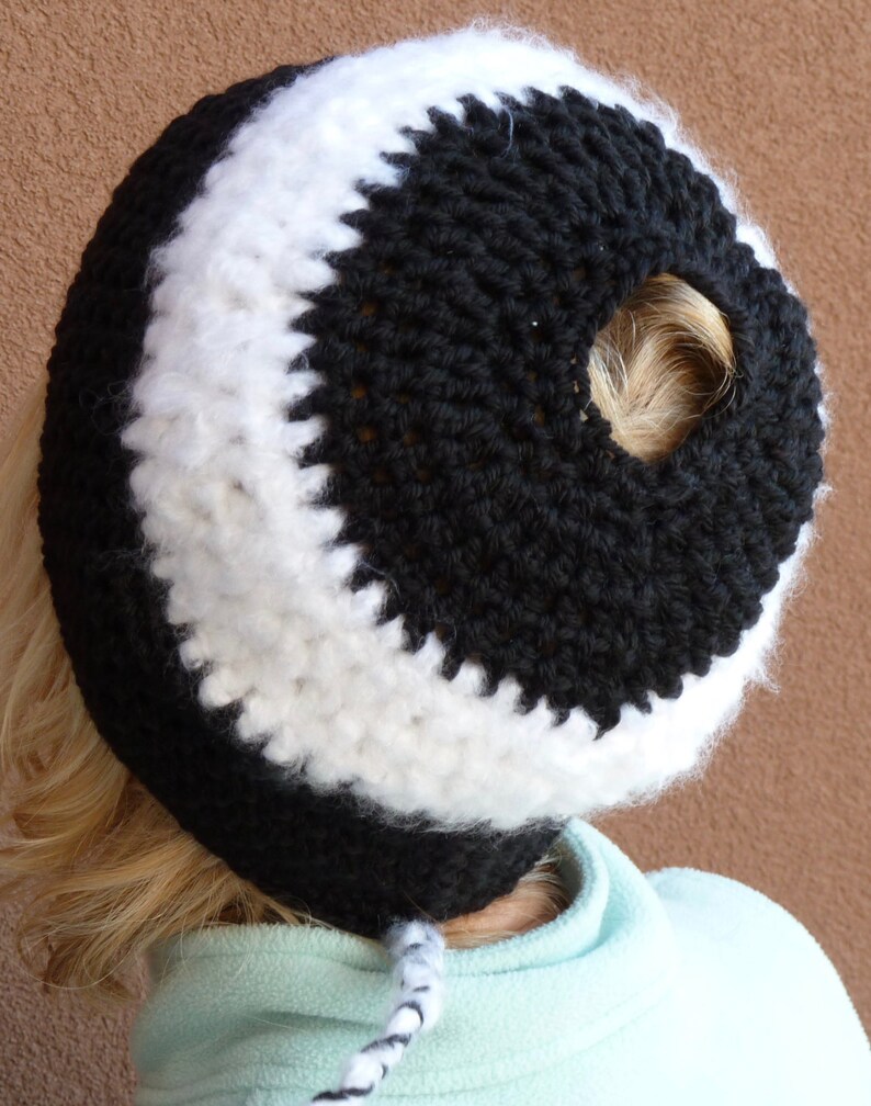 Original Crochet Hat for a Ponytail / Black and White Winter Hat with a Tail / One of a Kind Hat image 1