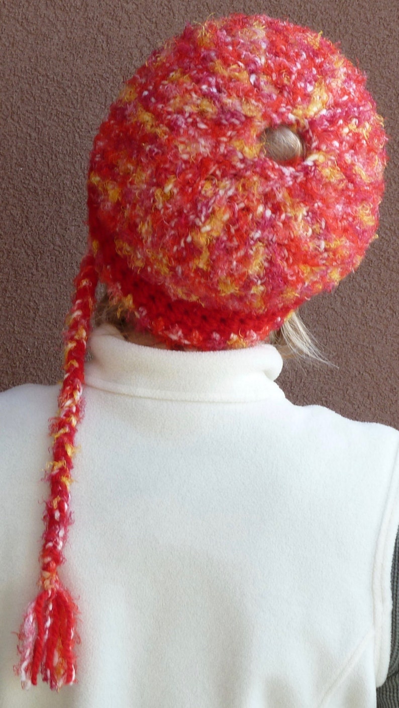 Red winter hat / crochet ponytail hat / winter hat / handmade crochet hat / unique and one of a kind hat / red winter hat with a tail image 5