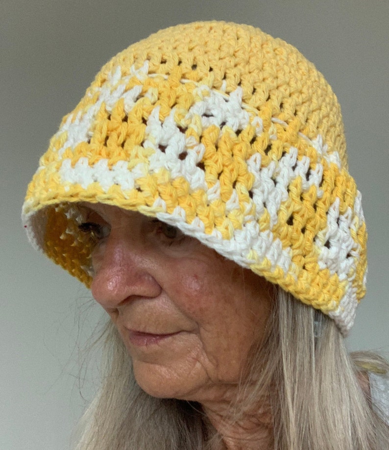 Summer Sun Hat / One of a Kind Crochet Hat / Yellow and White Hat image 7