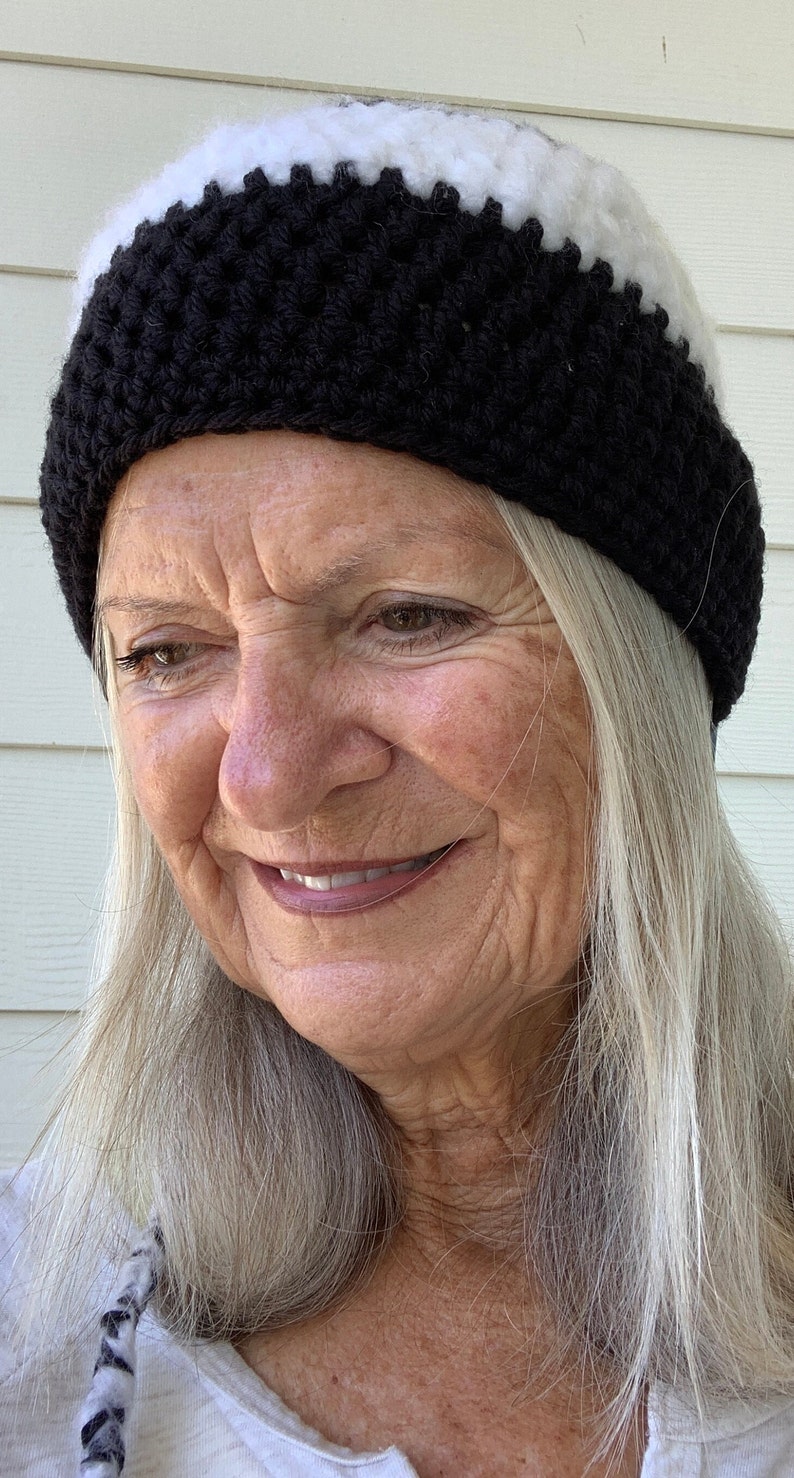 Original Crochet Hat for a Ponytail / Black and White Winter Hat with a Tail / One of a Kind Hat image 10