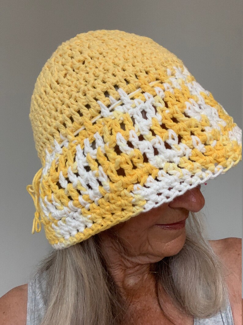 Summer Sun Hat / One of a Kind Crochet Hat / Yellow and White Hat image 8