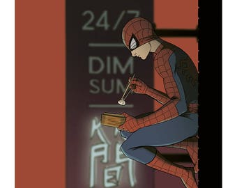 Spider-Man Eating Dim Sum (8x10 print)