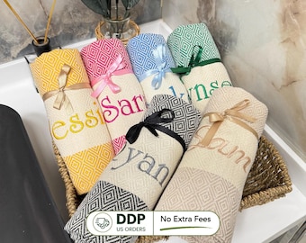 Personalized Turkish Beach Towel, Bridesmaid Gift, Bachelorette Party Favor, Custom Wedding Gift, Handwoven Cotton Towel