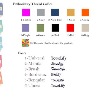 May include: Image showcasing personalized embroidered towels in various colors, with names like Emma and Ashley. Includes a color chart with options like fuchsia, navy blue, and beige, plus font styles for customization. The brand name is Towelify.