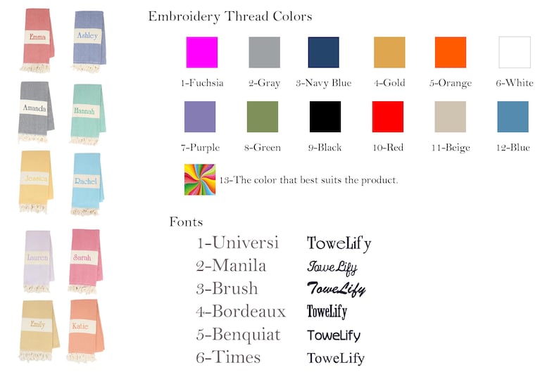 May include: Image showcasing personalized embroidered towels in various colors, with names like Emma and Ashley. Includes a color chart with options like fuchsia, navy blue, and beige, plus font styles for customization. The brand name is Towelify.