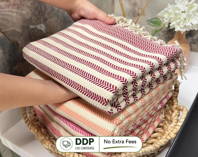 Handwoven Turkish Cotton Towel Hand Size and Beach/Bath Size: Personalized Embroidery Gift.