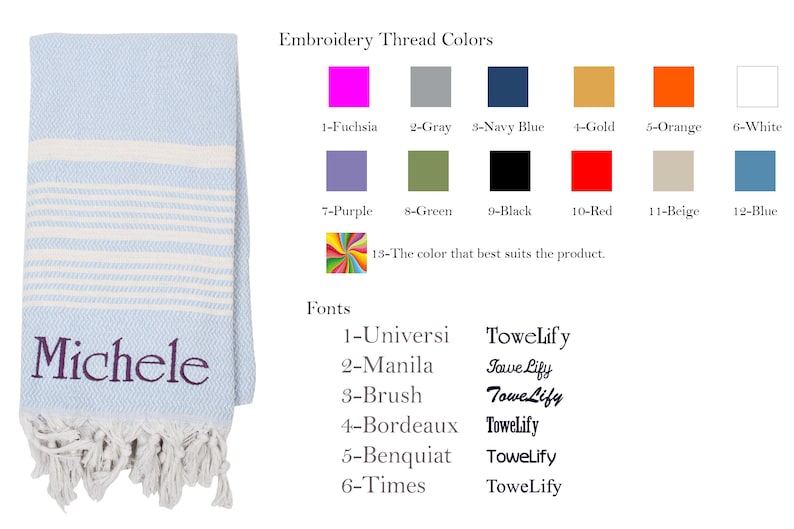 May include: A light blue beach towel with white stripes and a white fringe. The towel has the name "Michele" embroidered on it in purple thread. The image also shows a color chart of embroidery thread colors and a list of fonts.