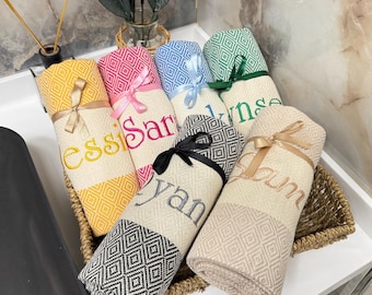 Personalized Turkish Beach Towel, Bridesmaid Gift, Bachelorette Party Favor, Custom Wedding Gift, Handwoven Cotton Towel
