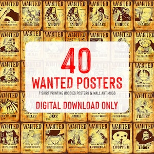 Può includere: Una collezione di 40 poster "Wanted" con illustrazioni di personaggi, testo e valori monetari. I poster sono in stile vintage, con un effetto carta invecchiata. Il testo "Wanted Posters" è ben visibile.