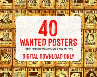 Paquete de pósteres de búsqueda de One Piece / 40 láminas de recompensas de anime / Descarga instantánea