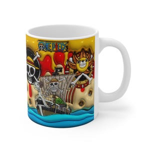 May include: White ceramic mug with a vibrant 3D design. The mug features the text "ONE PIECE" and cartoon imagery of a pirate ship, skulls, and other elements in yellow, red, and blue.