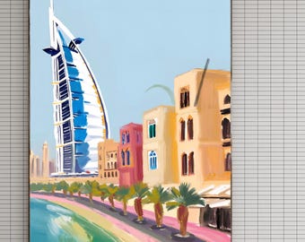 Dubai Wall Art Digital Print – Burj Al Arab Illustration, Modern Skyline Art, Colorful Digital Poster for Download