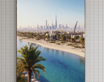Dubai Beach Wall Art – Palm Tree & Skyline Poster, Digital Art Print, Dubai Beach Print, Tropical Coast Illustration, Travel Wall Decor
