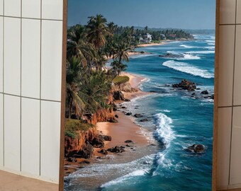 Sri Lanka Coast Wall Art – Cliff & Palm Trees Poster, Digital Art Print, Beach and Sea Print, Tropical Travel Wall Decor